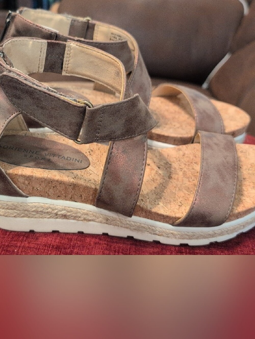 Adrienne Vittadini Taupe Brown Cork Wedge Sandals - Picture 2 of 5